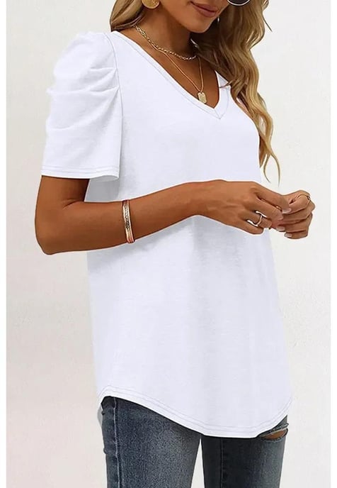 Women's V-Neck Puff Sleeve T-Shirt in White - Image 6