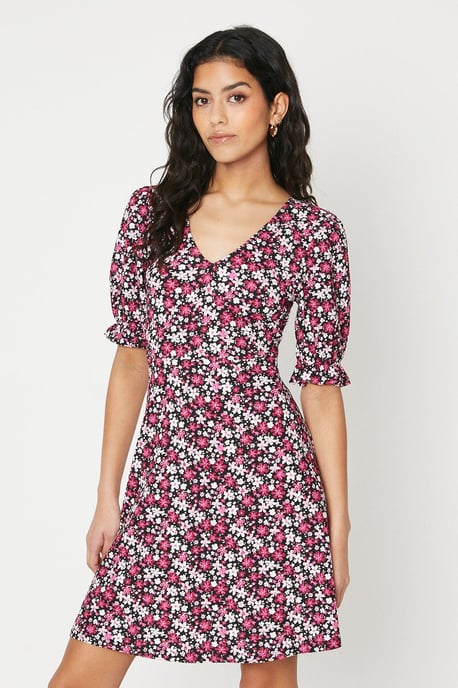 Petite Pink Ditsy Short Sleeve Mini Dress - Image 1