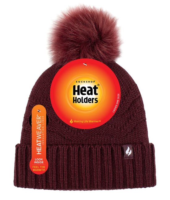 Ladies Winter Fur Beanie Hat | Heat Holders | Zigzag Patterned Pom Pom Hat | Womens Thermal Cuff Bobble Hat - Wine - Image 2