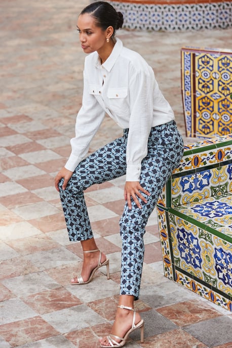 Blue Geometric Print Tapered Leg Trousers