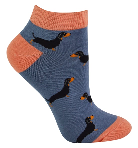 Ladies Bamboo Trainer Socks | Miss Sparrow | Breathable Low Cut Socks for Women - Sausage Dogs (Blue) - Image 1