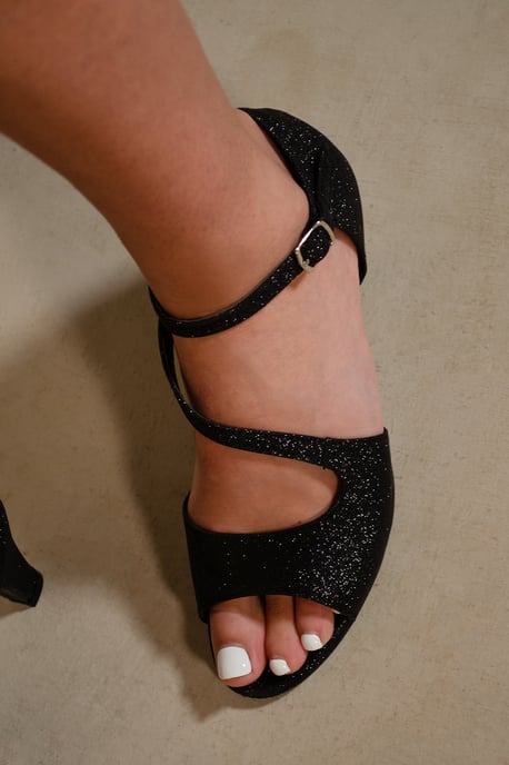Where's That From Womens 'Beatrice' Low Kitten Heel With Crossover Strap In Black Glitter