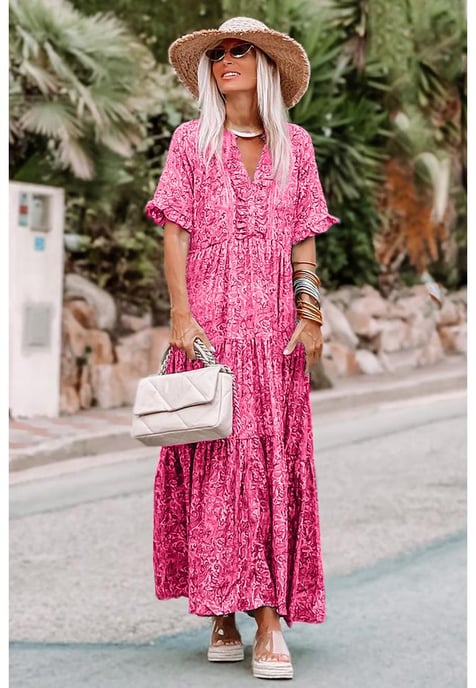 Dam Boho Paisley Print Ruffle Tiered Maxiklänning i Rosa - Image 2