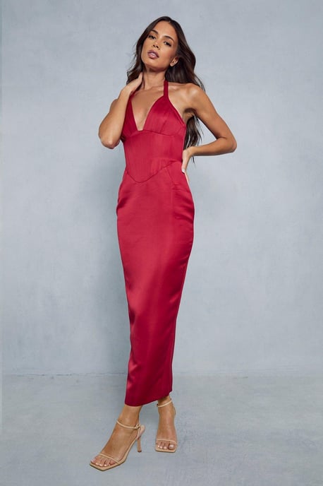 Premium Satin Corseted Pleated Bust Bodycon Midaxi Dress