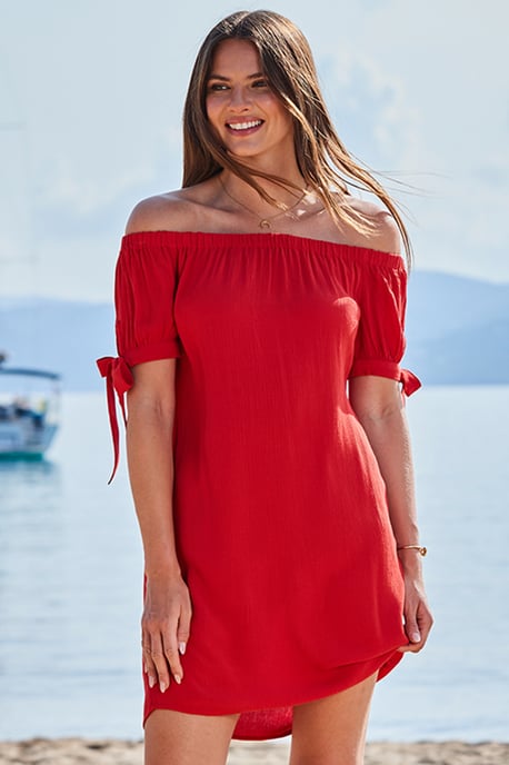 Red Crinkle Bardot Shift Dress