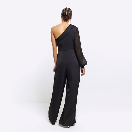 River Island Womens Jumpsuit Black Satin One Shoulder Wide Leg