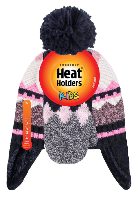 Heat Holders - Girls Nordic Pattern Fairisle Design Trapper Hat with Pom Pom and Mittens Gloves Set - Black - Image 2