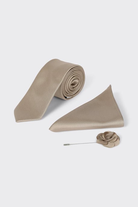 Slim Champagne Wedding Plain Tie Set With Matching Lapel Pin - Image 2