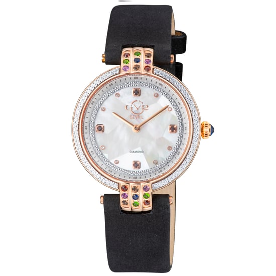 GV2 Matera dames Zwitsers quartz wit parelmoer wijzerplaat zwart suède band diamanten horloge - Image 1