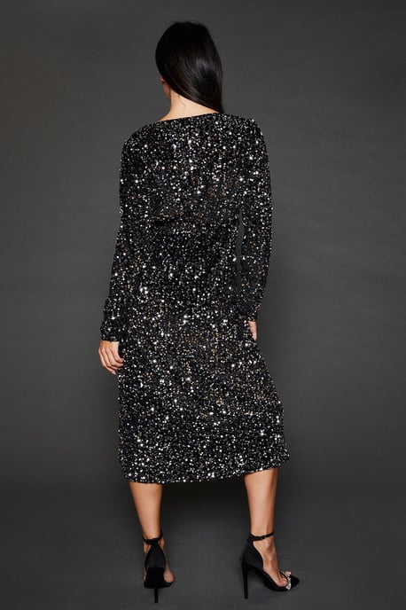 Velvet Sequin Wrap Midi Dress