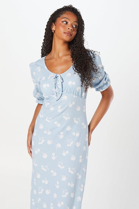 Tall Blue Spaced Floral Tie Front Midi Dress