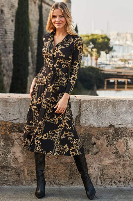 Black & Gold Baroque Print Midi Shirt Jersey Dress