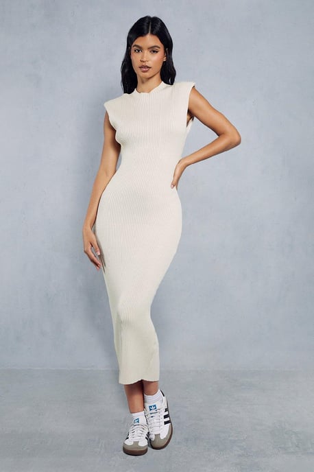 Knitted Ribbed Shoulder Pad Detail Maxi Dress