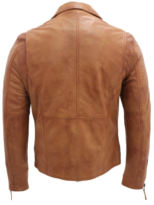 Brando-style slim-fit leather biker jacket with cross zipper
