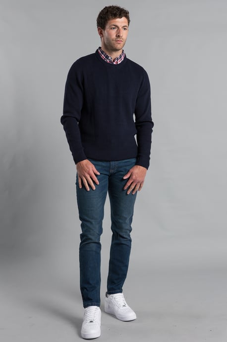 Dark Navy Mock Checked Shirt Crew Neck Jumper