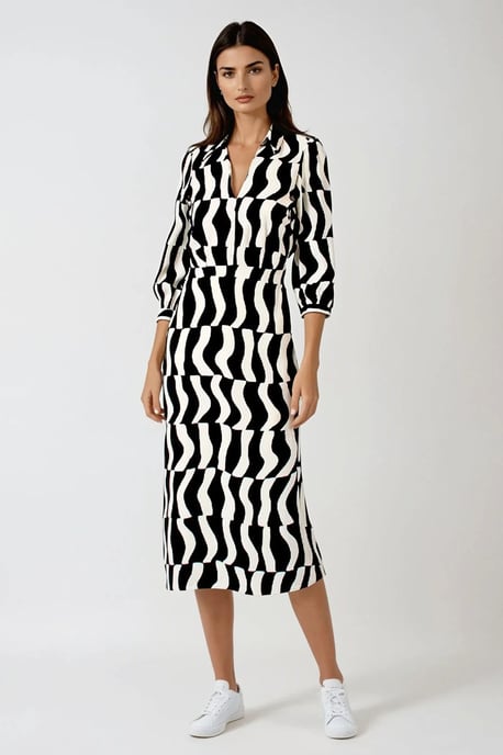 Monochrome Long Sleeve Midi Dress