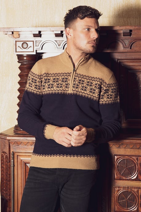 Camel 1/4 Zip Colourblock And Jacquard Funnel Neck Jumper