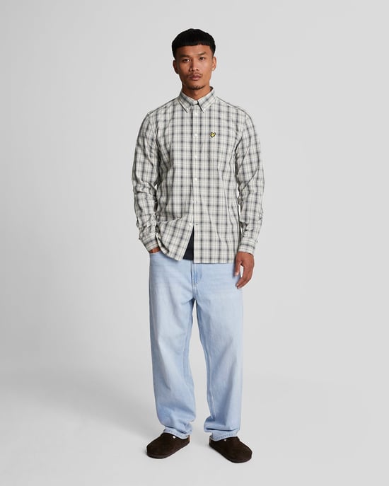 Mens Washed Check Poplin Shirt in Grey - Image 2