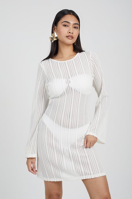 Off White 'Maddy' Long Sleeve Knitted Mesh Mini Dress