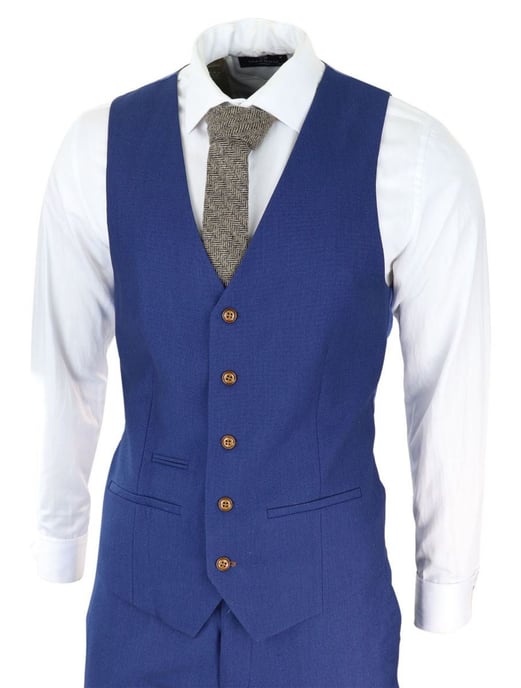 Mens 3 Piece Royal Blue Birdseye Classic Suit - Image 2