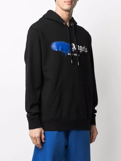 Palm Angels New York Blue Sprayed Logo-print Hoodie Black - Image 2