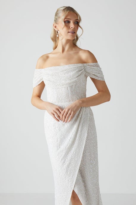 Draped Bardot Cap Sleeve Wrap Skirt Wedding Dress - Image 2