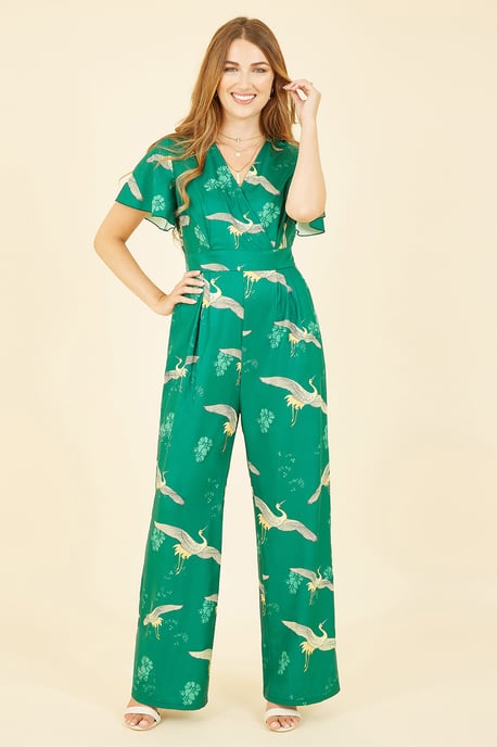Yumi Green Crane Print Angel Sleeve Jumpsuit