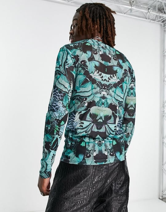 ASOS DESIGN muscle long sleeve t-shirt in green and black printed mesh