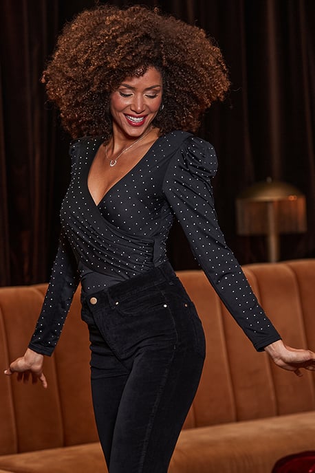 Black Dazzling Faux Wrap Top - Image 2