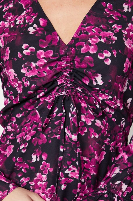 Pink Floral Ruched Front V Neck Midi Dress
