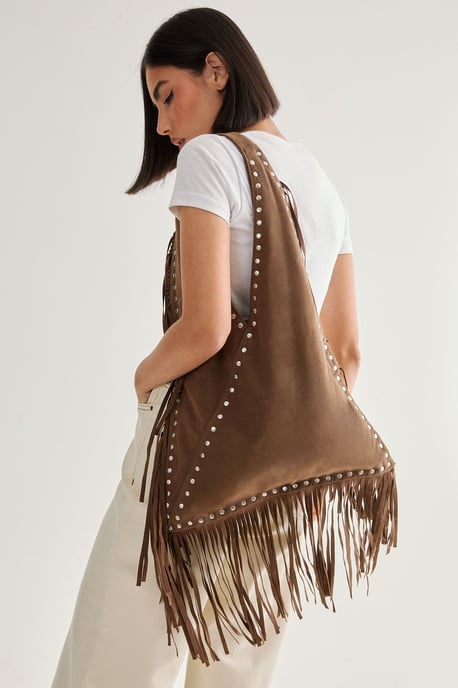 Faux Suede Studded Fringe Day Bag