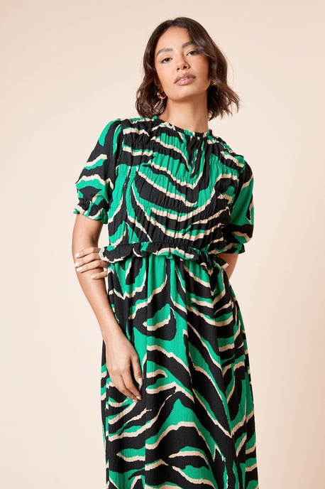 Puff Sleeve Zebra Shirred Bodice Peplum Midi Dress