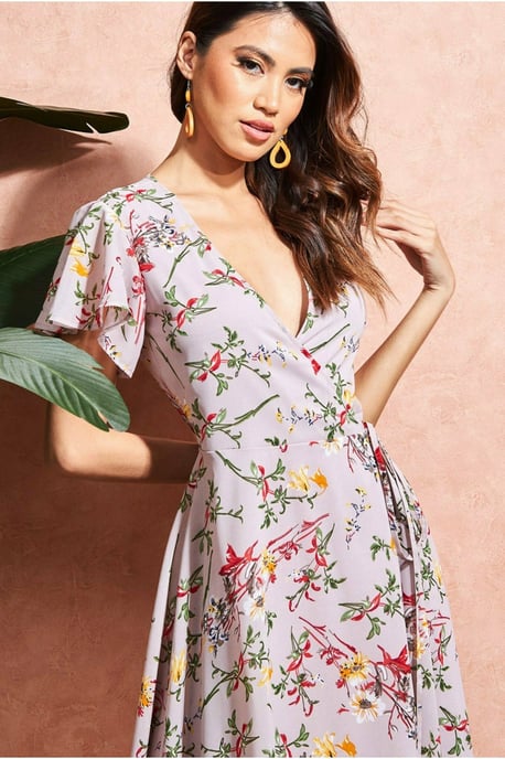 Wrap Flutter Sleeve Floral Midi Dress