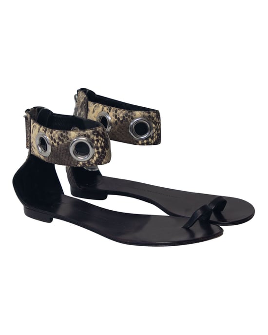 Giuseppe Zanotti Snakeskin Print Ankle Strap Flat Sandals in Black Leather - Image 3