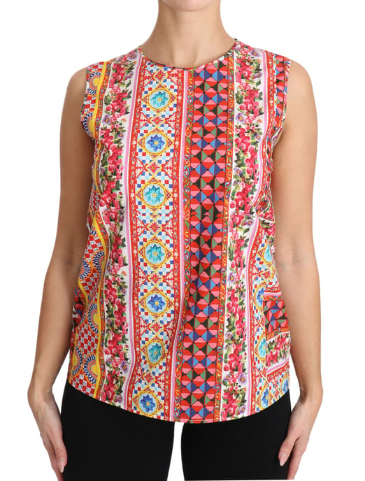 Dolce & Gabbana Women's Carretto Print Pure Cotton Tank Top Floral Blouse - Image 1