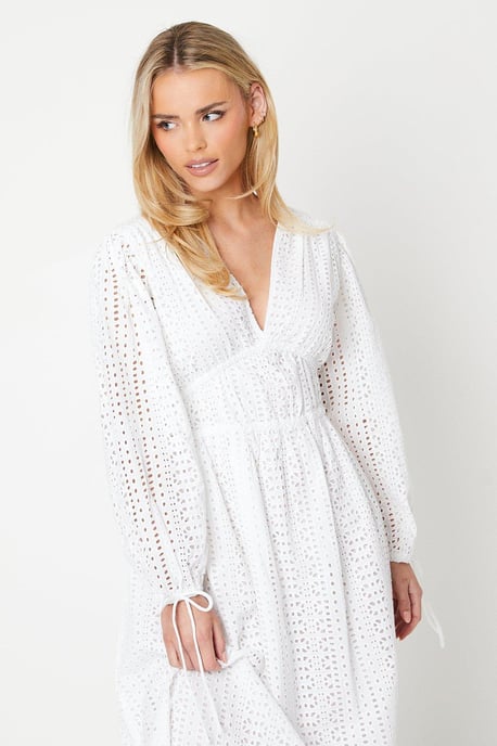 Petite Broderie Tie Front Puff Sleeve Midi Dress - Image 2
