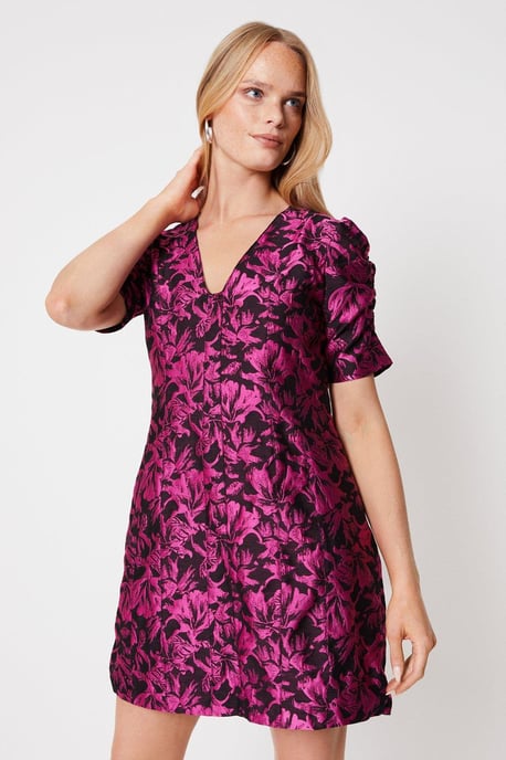 Pink Floral Jacquard Puff Sleeve Mini Dress