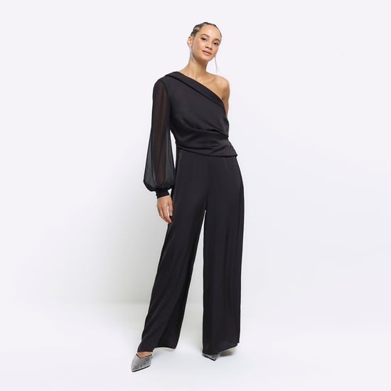 River Island Womens Jumpsuit Black Satin One Shoulder Wide Leg