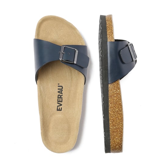 EVER AU Women Swan Leather Easy Slip-On Sandals - Navy Leather