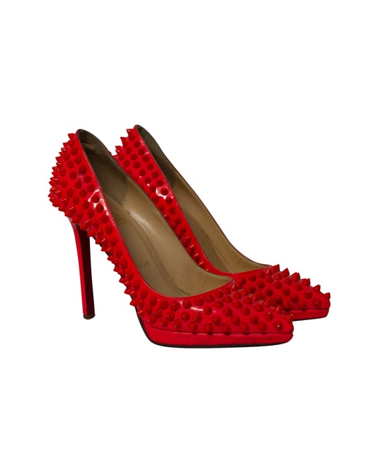 Christian Louboutin Pigalle Plato 120 Spiked Heels in Neon Red Patent Leather - Image 3