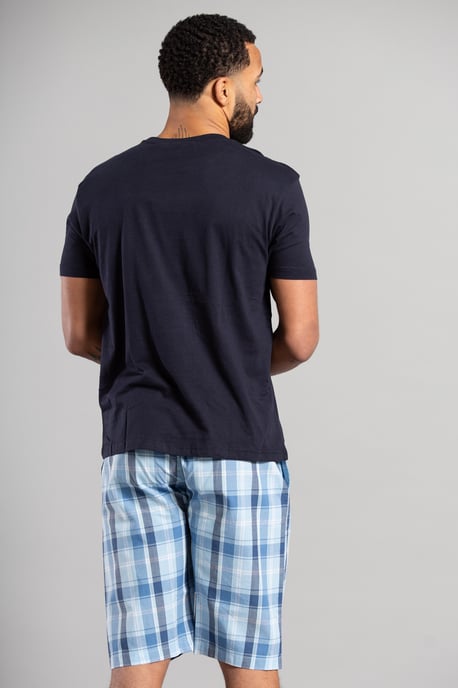 Dark Navy Cotton Loungewear Check Short And T-Shirt Set