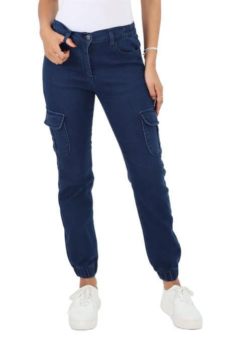 Womens Side Elastic Waist Self Cuffed Jeans in Dark Stonewash - Image 1