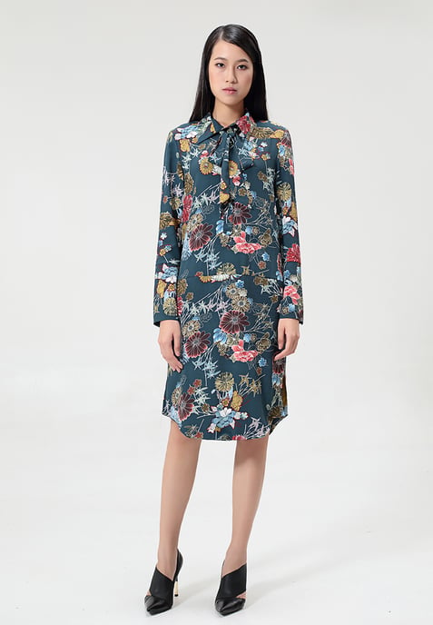 Flower-print ascot-tie shirt-jurk - Image 2