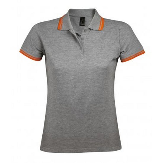 SOLS Womens/Ladies Pasadena Tipped Short Sleeve Pique Polo Shirt (Grey Marl/Orange) - Image 1