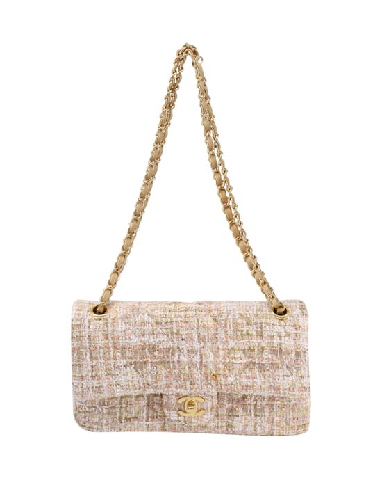 Chanel Classic Flap Shoulder Bag with Gold Tone Metal  in Pastel Pink Tweed and Leather