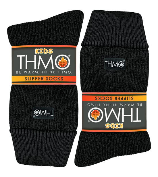 Kids Indoor Slipper Socks with Grippers | THMO | Thick & Warm Comfort Loose Top Non Slip Thermal Socks - Black - Image 2
