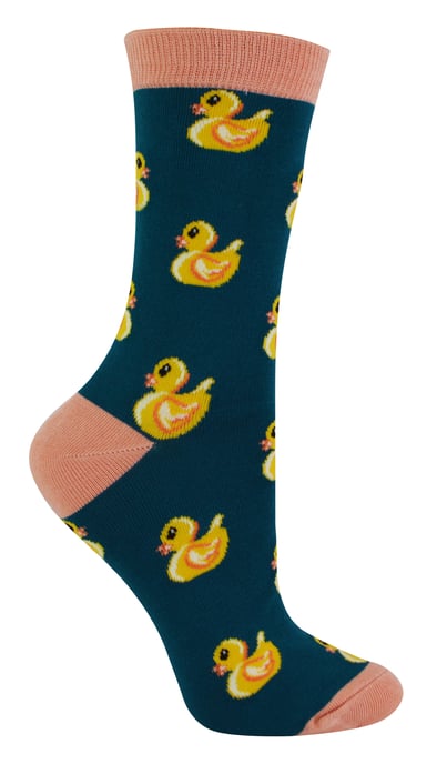 Women's Novelty Rubber Ducks Socks | Miss Sparrow | Soft Breathable Duck Pattern Bamboo Socks - Teal - Image 1