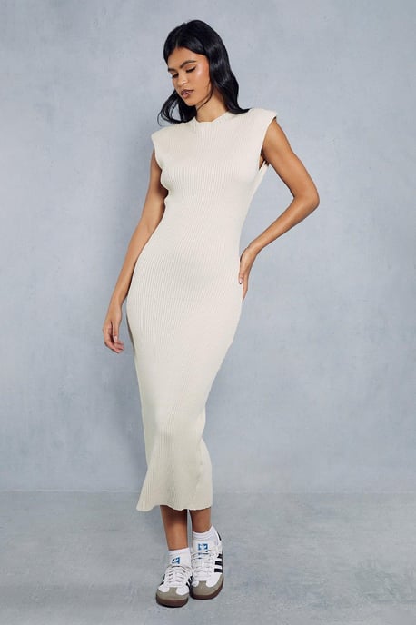 Knitted Ribbed Shoulder Pad Detail Maxi Dress