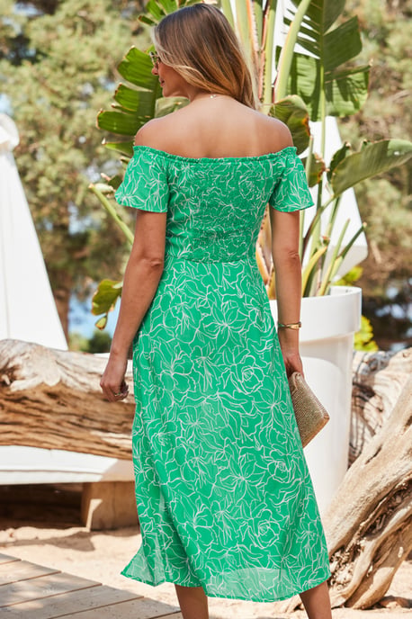 Green Floral Print Split Detail Bardot Dress