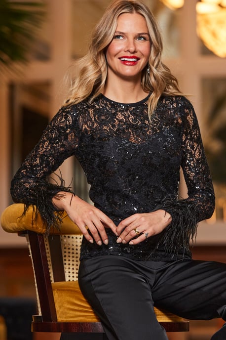 Black Lace & Embellished Feather Trim Top - Image 1
